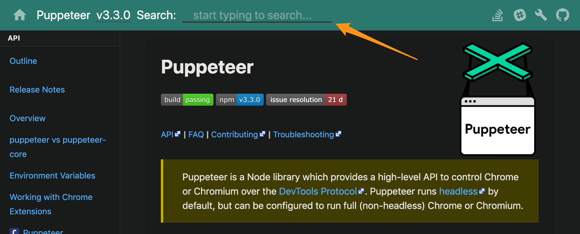 Autocomplete search on Puppeteer website